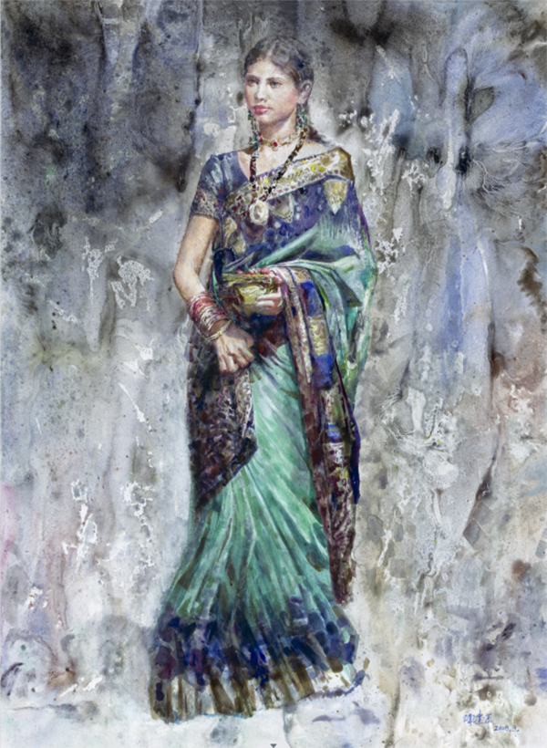 陈崇平作品9 水彩画《印度少女》108x78cm 2008年